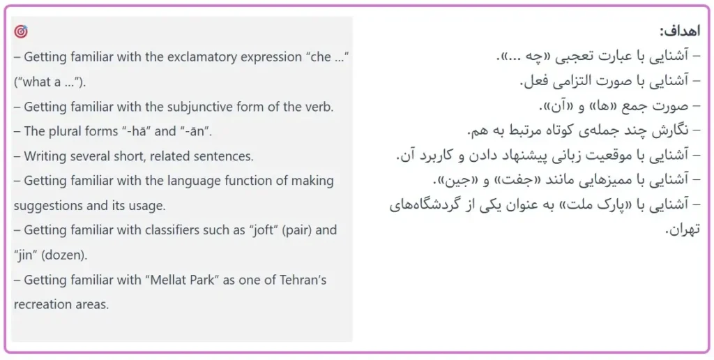 A clear list of learning objectives for an intermediate Persian course lesson, shown side-by-side in English and Farsi to ensure a structured learning path.