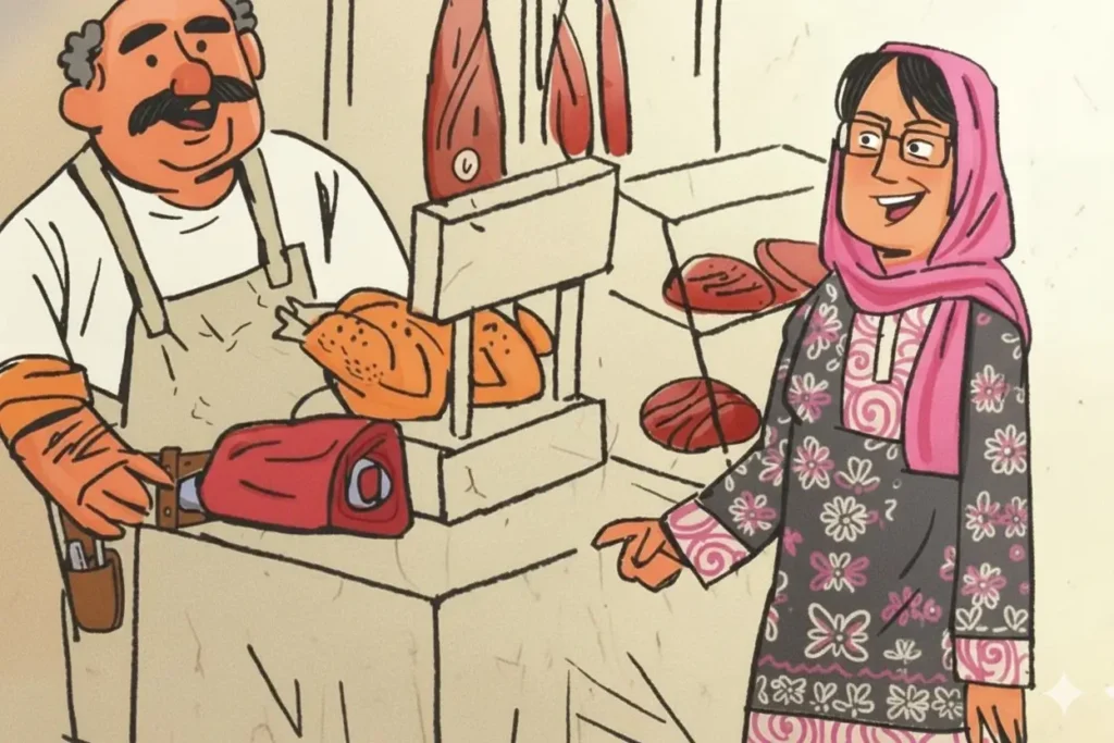 An illustration from lesson 14 of this Farsi course, representing a real-life shopping dialogue, showing a customer interacting with a vendor in a shop.