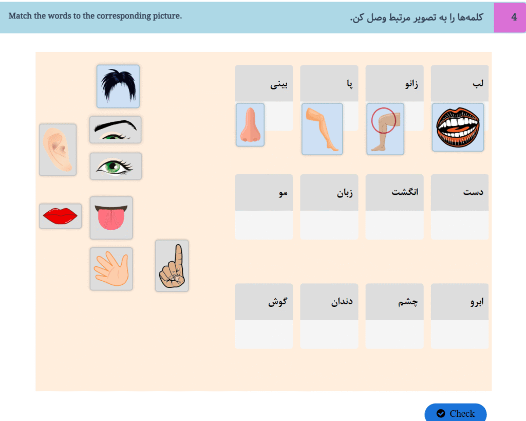 An example of an engaging interactive practice in Joy of Persian's 'Let's Learn Persian A2' course—a game where students match Persian vocabulary for body parts to images.