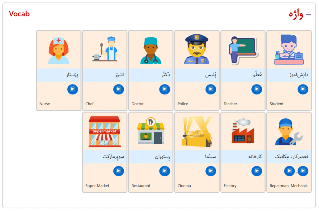 A multi-sensory vocabulary list from the 'Let's Learn Persian A1' course, teaching professions using icons, Persian text, English translations, and native audio.
