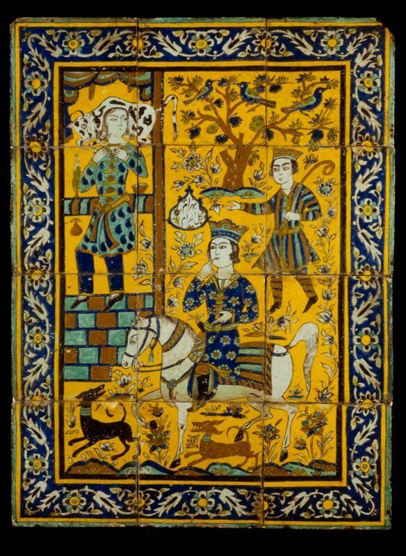 Tile painting depicting Bahram Gur and Fetne (“Practice Makes Perfect”), c. 1625-50