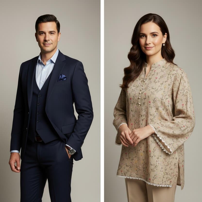 An example of 'smart modest' attire for men and women, showing what to wear when meeting Iranian parents.