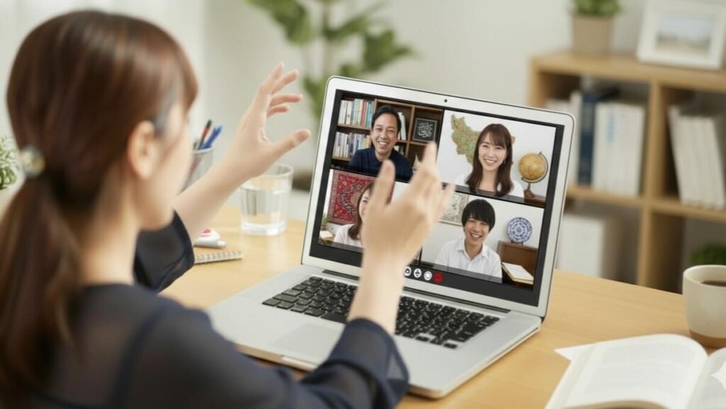 A small group of students happily engaged in one of Joy of Persian's Custom Persian Language Workshops during an interactive online video conference.