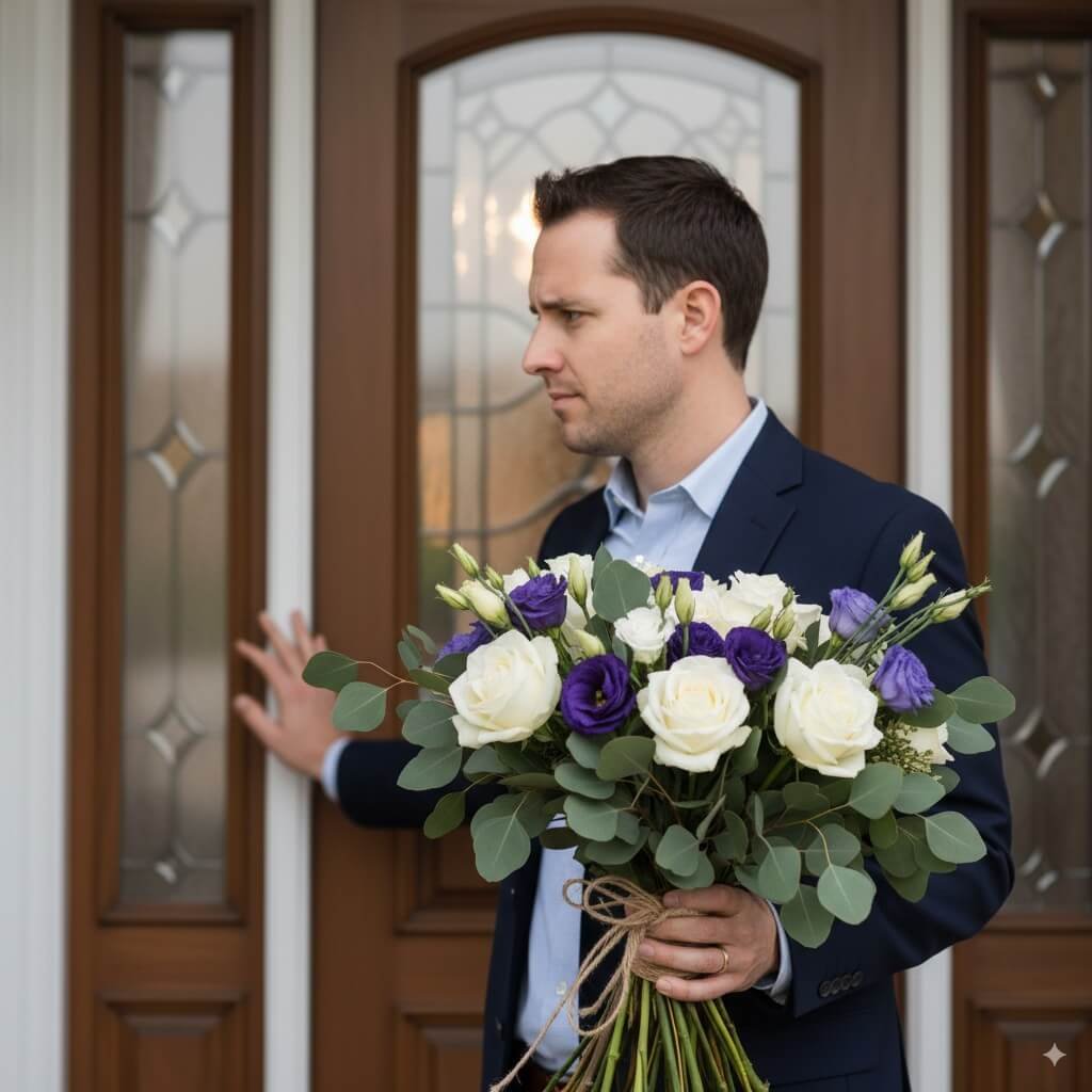 Meeting Iranian Parents: A close-up shot of a man holding a bouquet of flowers, looking thoughtfully and slightly nervously at a front door.