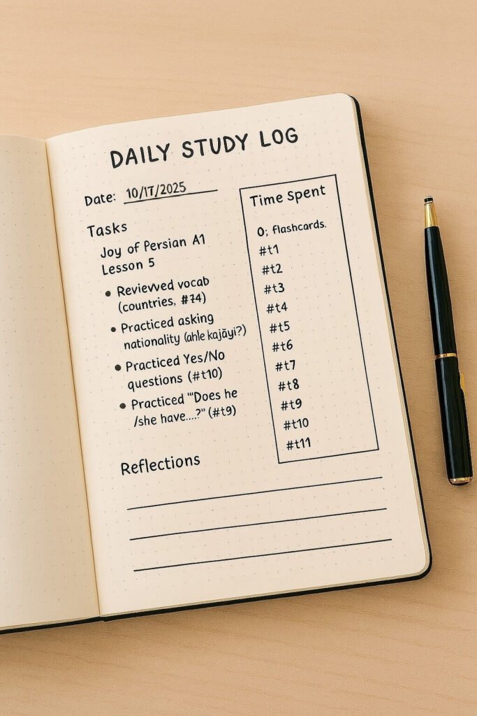 A daily log setup in a bullet journal—perfect for noting Joy of Persian exercises, study time, and personal reflections on your learning.