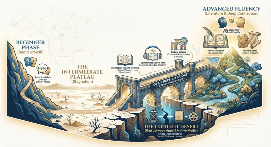 Infographic illustrating the journey of learning Persian, showing a steep beginner climb leading to a flat desert labeled "The Persian Intermediate Plateau". A bridge labeled "Joy of Persian Bridge (i+1 Persian Comprehensible Input)" crosses a canyon marked "The Content Desert," connecting the plateau to a lush peak representing advanced fluency, classical literature, and cultural connection.
