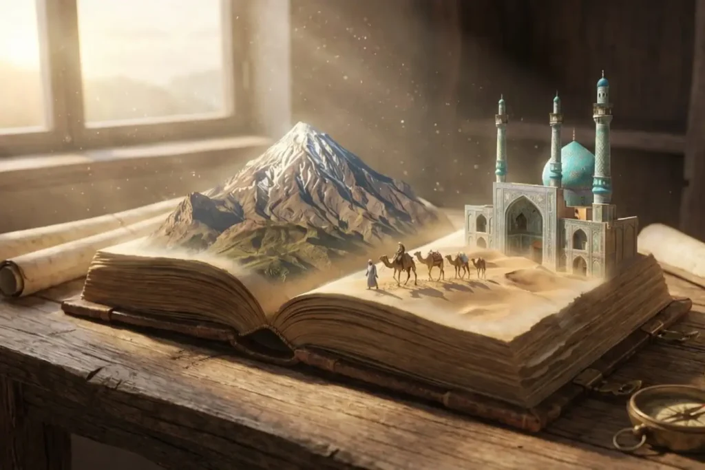Magical open book resting on a table, revealing a 3D miniature landscape of Mount Damavand and Persian architecture rising from the pages—illustrating the deep culture and history that Kitchen Farsi cannot teach you.